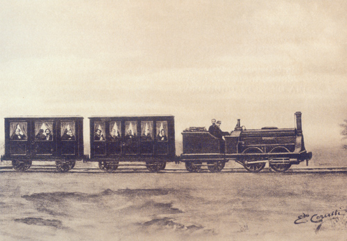 El primer convoy del Ferrocarril del Oeste el da de la inauguracin.