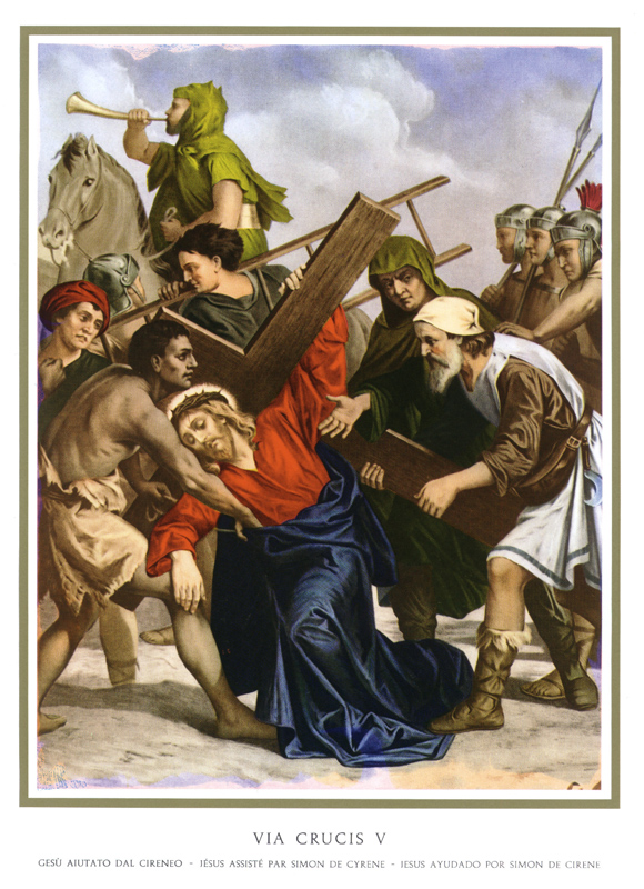 El Cirineo ayuda a Jesús a llevar la cruz.