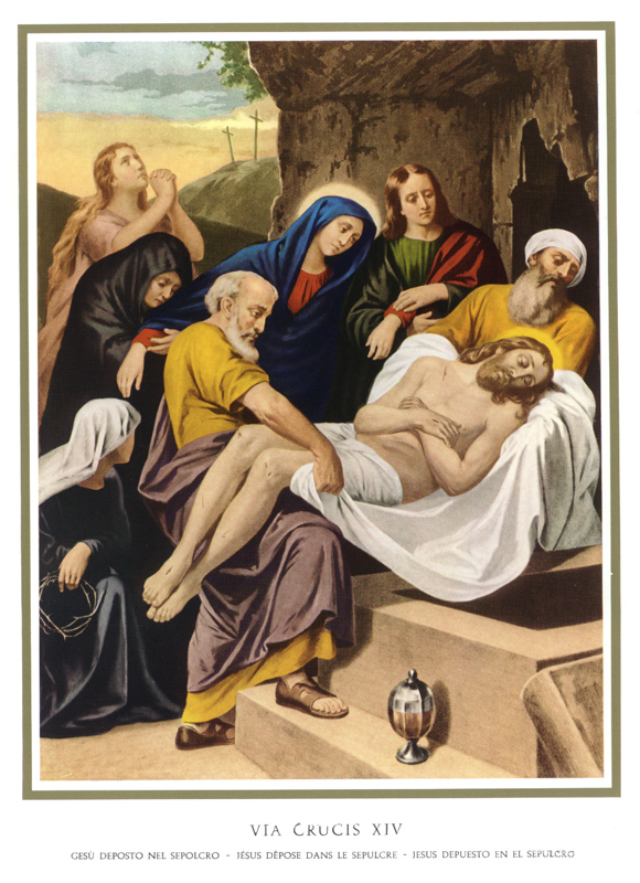 Jesús es colocado en el sepulcro.
